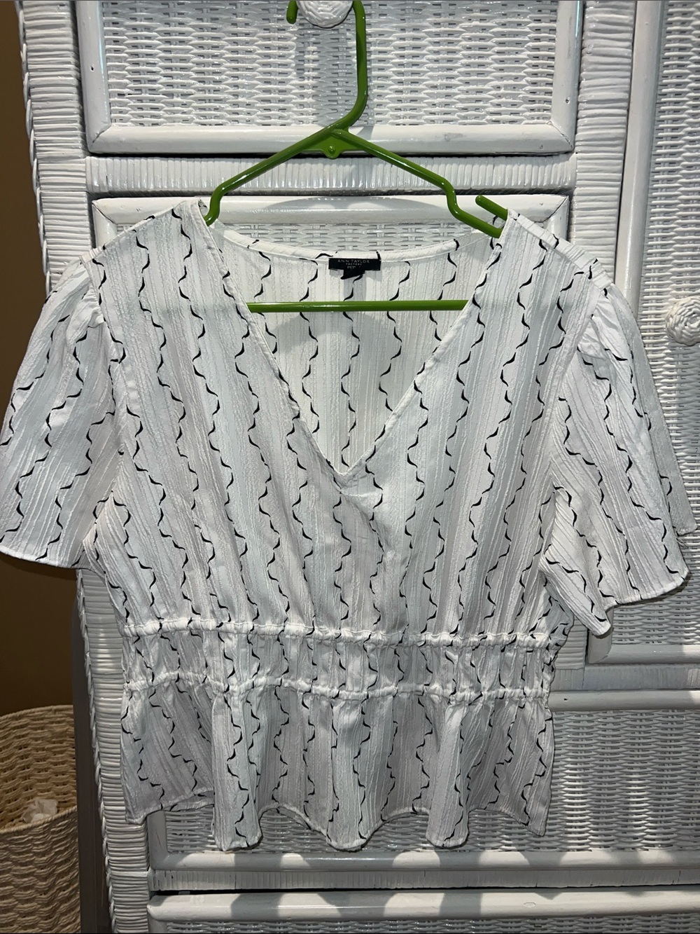 Ann Taylor Factory White V-Neck Peplum Top with Black Wave Stripe